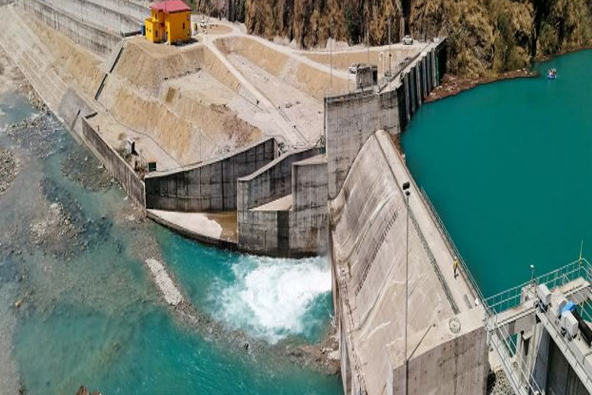 
            The weir (dam) structure of the Upper Tamakoshi Hydroelectric Project and the head pond behind it. The project is the largest hydroelectricity project in Nepal.