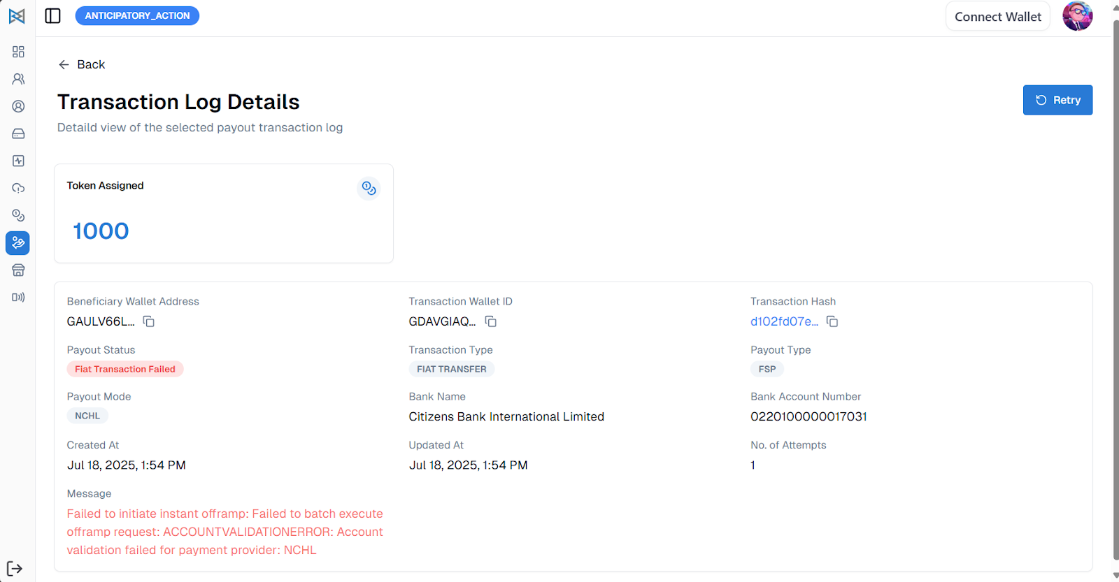 Payout Failure – Token Completed, Fiat Failed (Screen 10)