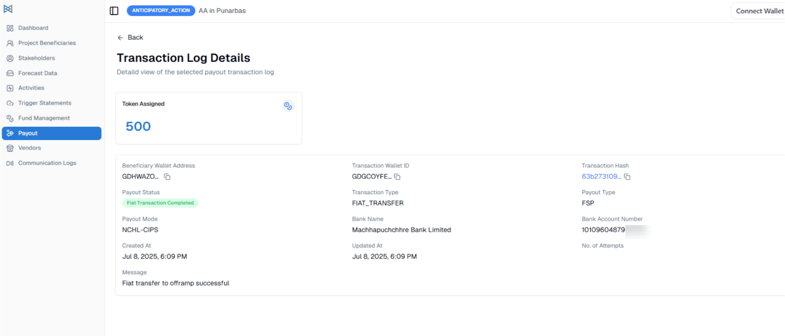 Successful Fiat Transaction Screen